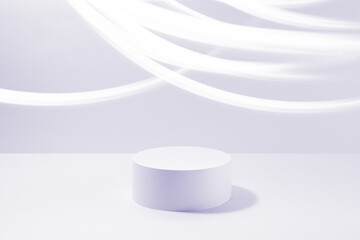 One round violet pedestal mockup for cosmetic products, smooth neon light stripes on violet...