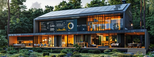 Obraz premium Modern eco-friendly house with solar panels in a lush forest setting at dusk