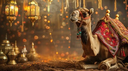 Islamic sacrificial camel on the Eid al-Adha holiday, with an Islamic illustration copy space background.