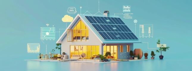 3D rendering of an eco-friendly house with solar panels and smart home technology