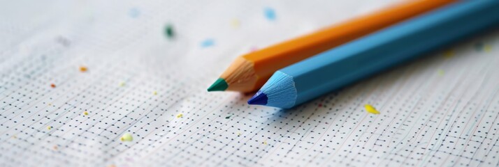 A close-up of two colored pencils on a piece of graph paper. The pencils are blue and orange. The graph paper has green and yellow dots. - Powered by Adobe