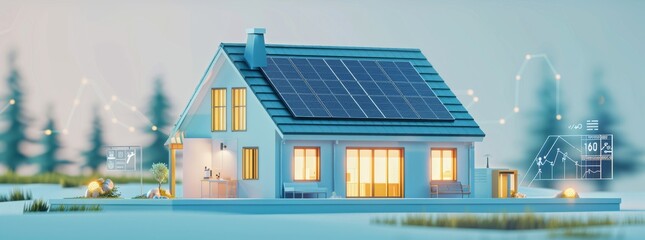 3D rendering of a modern eco-friendly house with solar panels in a serene setting