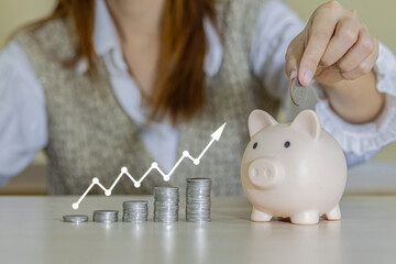 woman hand is inserting coins into a piggy bank. Placing coins in a row from low to high is comparable to saving money to grow more, money-saving concept