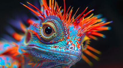 Obraz premium Vibrant Exotic Lizard with Colorful Patterns and Textured Skin, Close-up Macro. Rainforest Wildlife, Tropical Outdoors, Unique Fauna. Reptilian, Animal, Creature. Environment, Climate Change, Nature