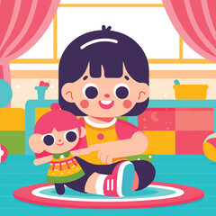 Naklejka premium illustration of a child playing with a doll toy
