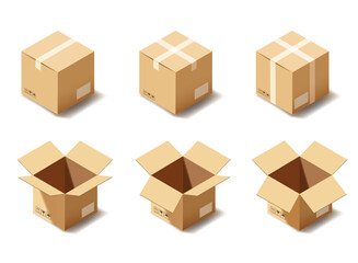 Realistic open and closed cardboard boxes mockup set