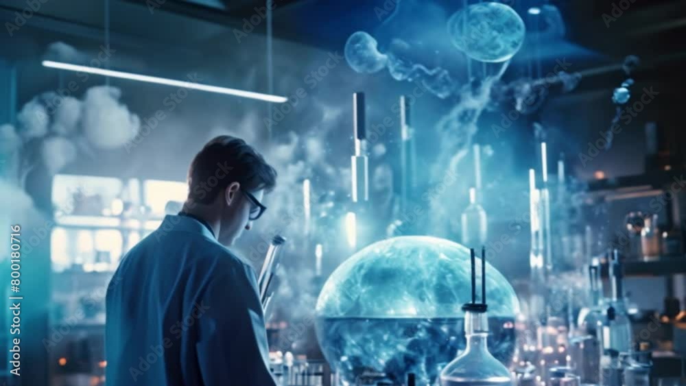 Poster a man wearing a lab coat is performing a precise experiment in a lab. the background is full of mode