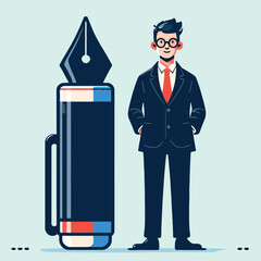 illustration of a businessman standing next to a giant pen