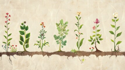 A handdrawn roadmap of a plants lifecycle including details on germination flowering and reproduction..