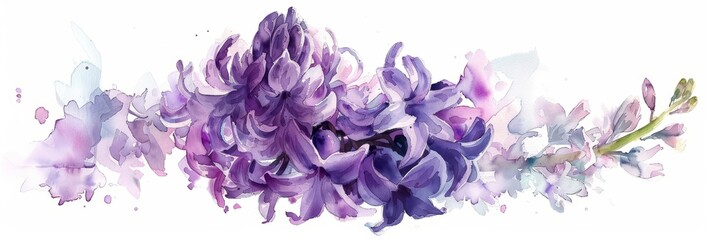 Fototapeta premium A watercolor painting of purple hyacinths. The flowers are arranged in a loose cluster, with some buds still closed. The background is a wash of light blue.