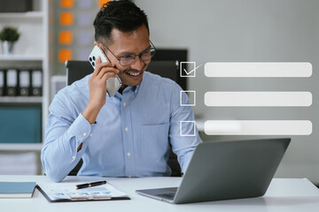 Businessman recording phone inquiry with checkboxes survey, doing assessment online survey answer...