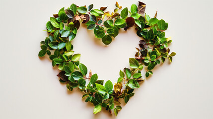  a heart made out of red, green and orange leaves on a white background.