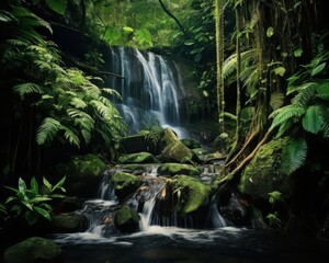 Silky smooth waterfall cascading in a lush rainforest, ideal for tranquil and refreshing themes