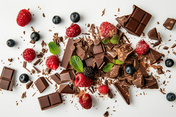 Broken chocolate bar with raspberries and blueberries on white background