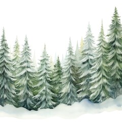 Obraz premium Snowflakes falling on mountain pines, a wintery mix of whites and dark greens, serene and detailed, forming a chilly border, isolated on white background, watercolor