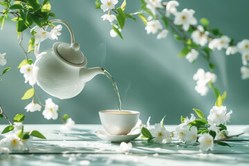 Teapot and cup with jasmine tea with flowers
