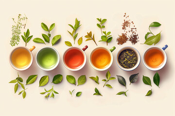 Illustration of row cups with varieties types of tea - obrazy, fototapety, plakaty