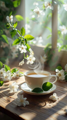 Cup of tea on wooden surface at window with jasmine flowers
