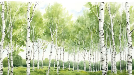 Sprawling birch tree border, white trunks stark against vibrant green leaves, captured in high detail, isolated on white background, watercolor