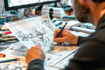 A storyboard artist lays out scenes for an upcoming animated feature - detailing character interactions for a production review