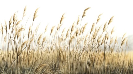 Tall reeds swaying, hints of brown and green, detailed with high precision, forming a naturalistic border, isolated on white background, watercolor