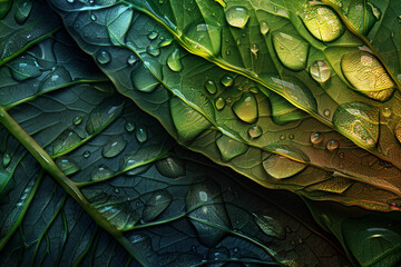 Fototapeta premium Green leaves with water drops