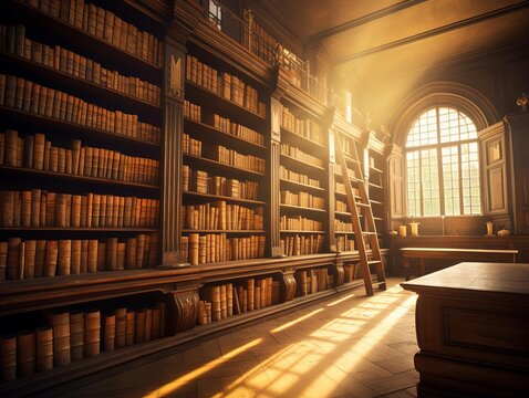 Sunlit old library with rows of books, no people, focusing on education and the love of reading