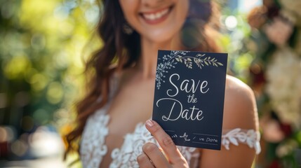 Elegant Save the Date Wedding Invitation in Bride's Hand with Bokeh Lights