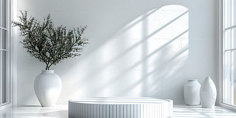 White podium pedestal, round background for product presentation scene design in minimal style with shadows and light