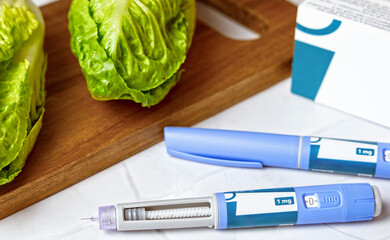 Original Danish Ozempic Insulin injection pen for diabetics and vegetables.