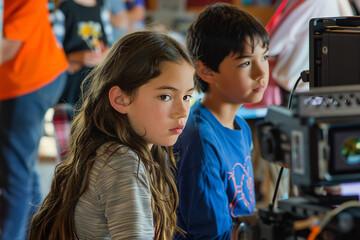 Obraz premium At a community event - kids create their own animations under the guidance of professional animators - fostering creativity and a love for animation