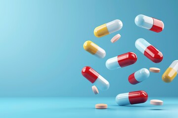 Flying pills  pharmacy, antidepressant, vitamin concept with levitating capsules and tablets