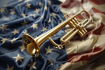 trumpet with americsn flag - obrazy, fototapety, plakaty
