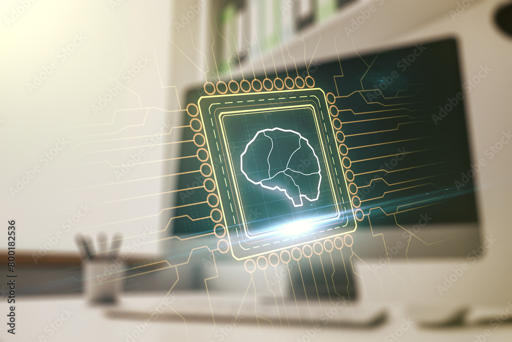 Wall mural creative artificial intelligence concept with human brain hologram and modern desktop with computer 