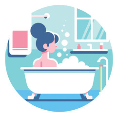illustration of a woman bathing in a bathtub with soap bubbles