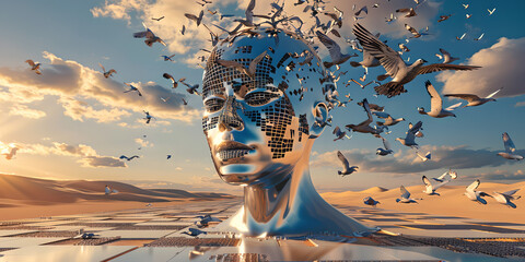 a chrome mannequin head opening up to release hundreds of birds of different sizes and colors, the head floats above a checkered floor, bright sun, a desert, blue sky and small fluffy clouds
