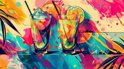 Wow pop art cocktail. Colorful background in pop art retro comic style. Summer concept pop art