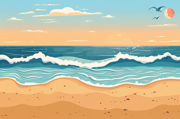 An empty beach scene with seagulls in the background. Generative AI. - obrazy, fototapety, plakaty