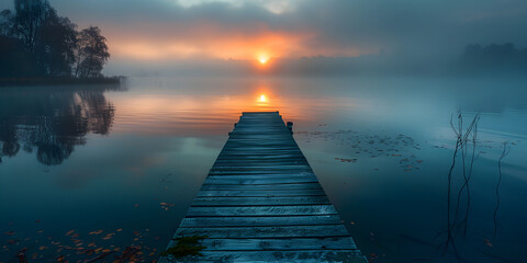 Obraz premium A straight flat simplistic rectangular lake dock with a beautiful sunrise, foggy and calm water, perfect for nature relax wallpaper.