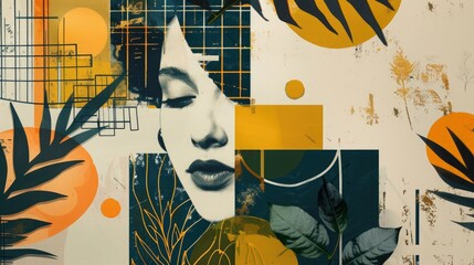 Abstract trendy vintage art collage with woman, geometric shapes, paper cutouts, patches, paint strokes. Retro fashionable style poster, banner