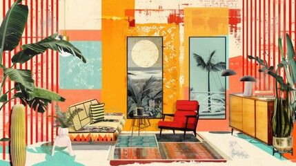 Abstract trendy vintage art collage with furniture, geometric shapes, paper cutouts, patches, paint strokes. Retro aesthetic fashionable style poster, banner