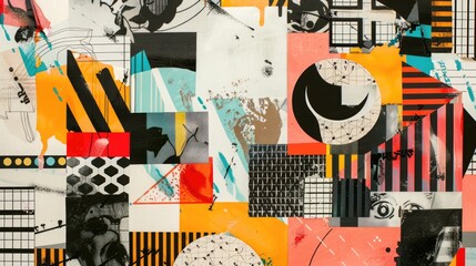 Abstract trendy vintage art collage with geometric shapes, paper cutouts, patches, paint strokes. Retro aesthetic fashionable style poster, banner