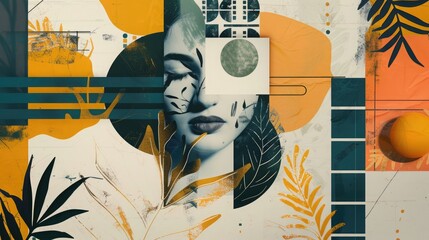 Abstract trendy vintage art collage with woman, geometric shapes, paper cutouts, patches, paint strokes. Retro fashionable style poster, banner