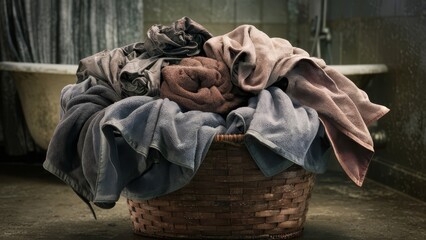 Basket with dirty towels, clothes, dark depressive close-up illustration