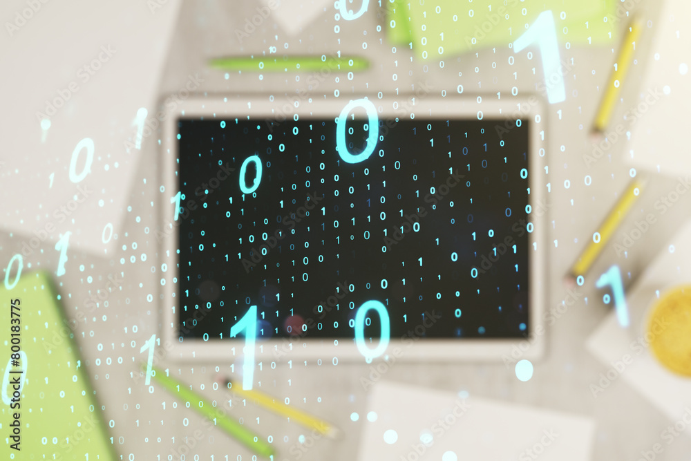 Aufkleber Creative abstract binary code sketch and modern digital tablet on background, hacking and matrix concept. Multiexposure