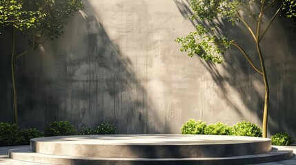 A concrete podium sits in a lush sunlit courtyard. There are trees, bushes, and plants all around. The concrete is smooth and the light is bright. The scene is peaceful and serene.