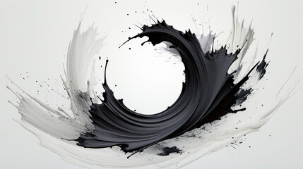 Black Color Liquid Paint of Ink in Japanese Style Circular Traces Thick Line White Background