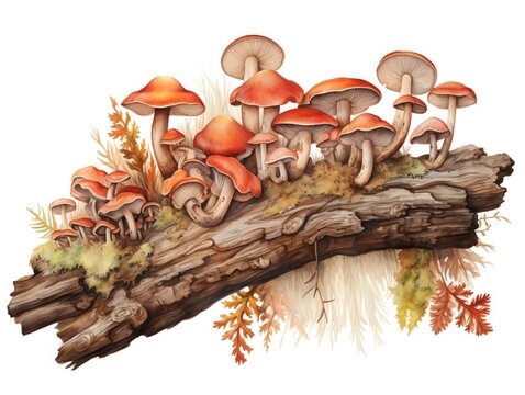 Aged wood ear mushrooms on a log, deep browns and subtle reds, rustic and detailed, forming a natural border, isolated on white background, watercolor