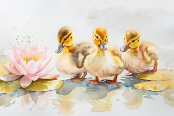 Three ducklings waddle by a pond lily, watercolor painting on a white background - obrazy, fototapety, plakaty