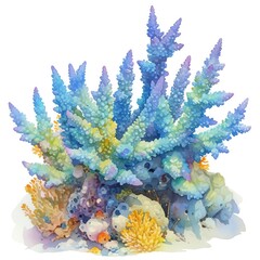 An expressive painting of Acropora Coral, a vital reefbuilding variety, chaotic growth forms and vibrant reef life colors, white background, vivid watercolor, 100 isolate
